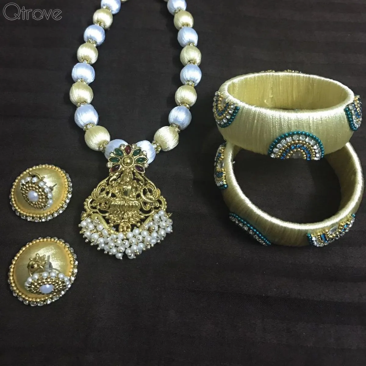 Silk Thread Necklace Earring And Bangle Set with a Pearl Drop