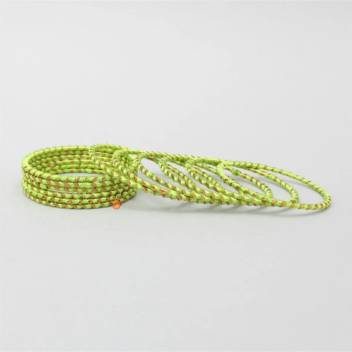 Silk Thread Work Green Iron Bangles - Set Of 12
