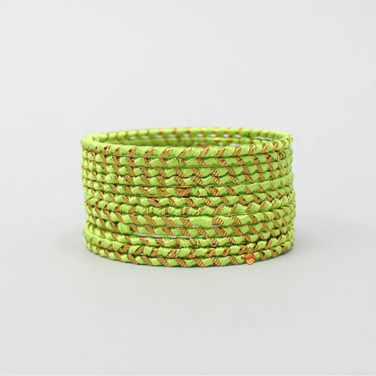 Silk Thread Work Green Iron Bangles - Set Of 12