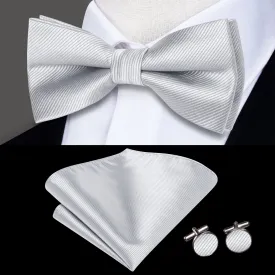 Silver Grey Striped Pre-tied Bow Tie Hanky Cufflinks Set