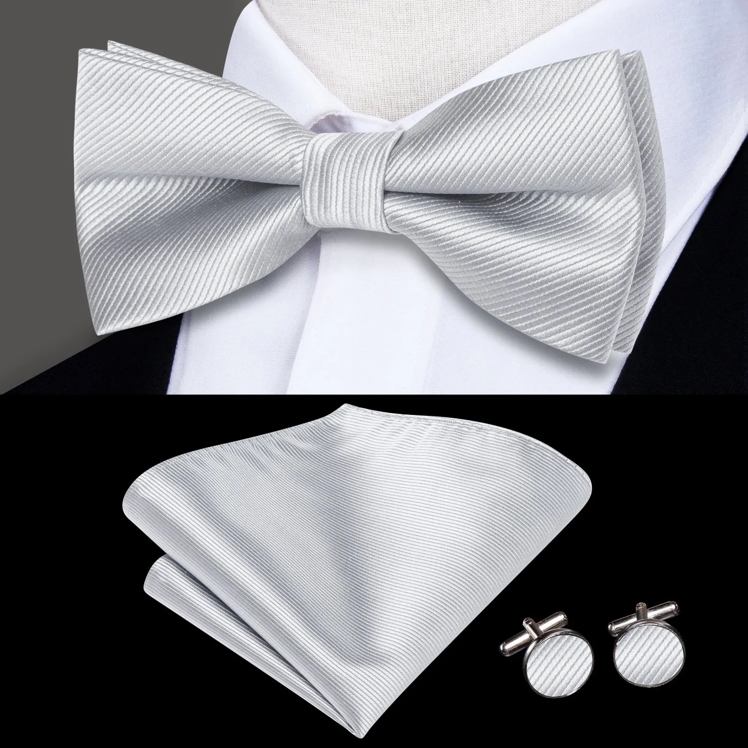 Silver Grey Striped Pre-tied Bow Tie Hanky Cufflinks Set