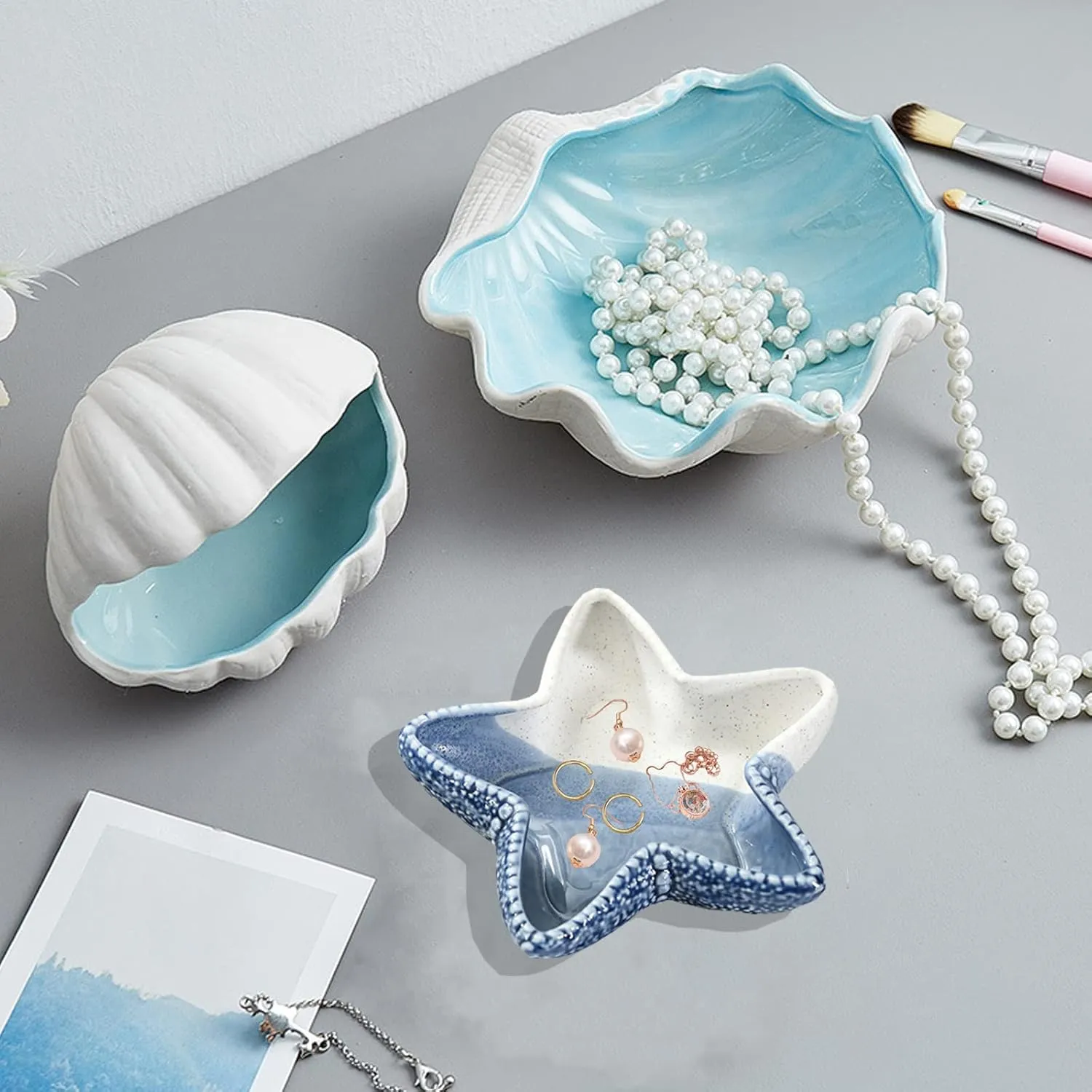 Starfish Jewelry Dish Tray, Ceramic Ring Holder for Jewelry, Trinket Tray Candy Dishes, Jewelry Tray Jewelry Plate Small Key Bowl for Entryway Table Birthday Home Party Decor (D STYLE)