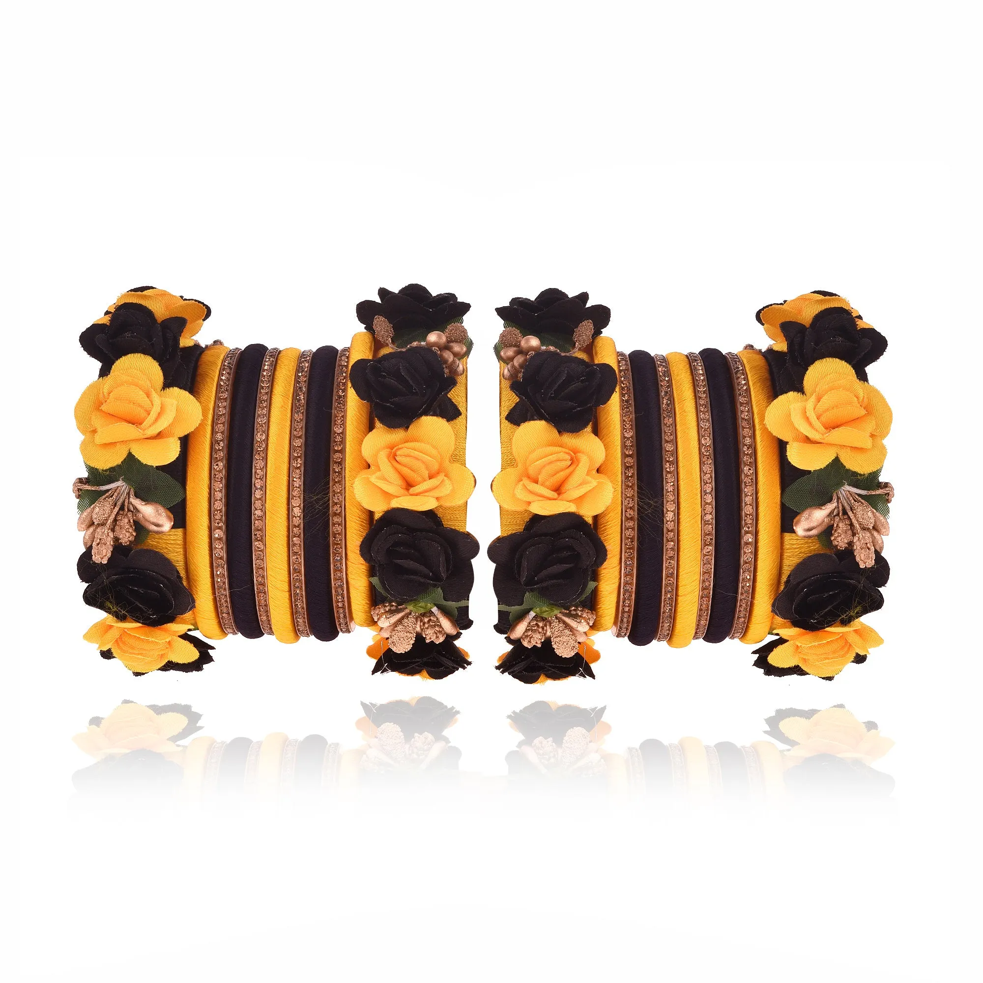 Sukriti Beautiful Handcrafted YellowBlack Flower Designer Silk thread Bridal Chuda Wedding Bangles for Women – Set of 22