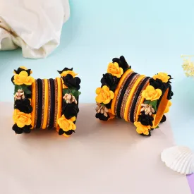Sukriti Beautiful Handcrafted YellowBlack Flower Designer Silk thread Bridal Chuda Wedding Bangles for Women – Set of 22