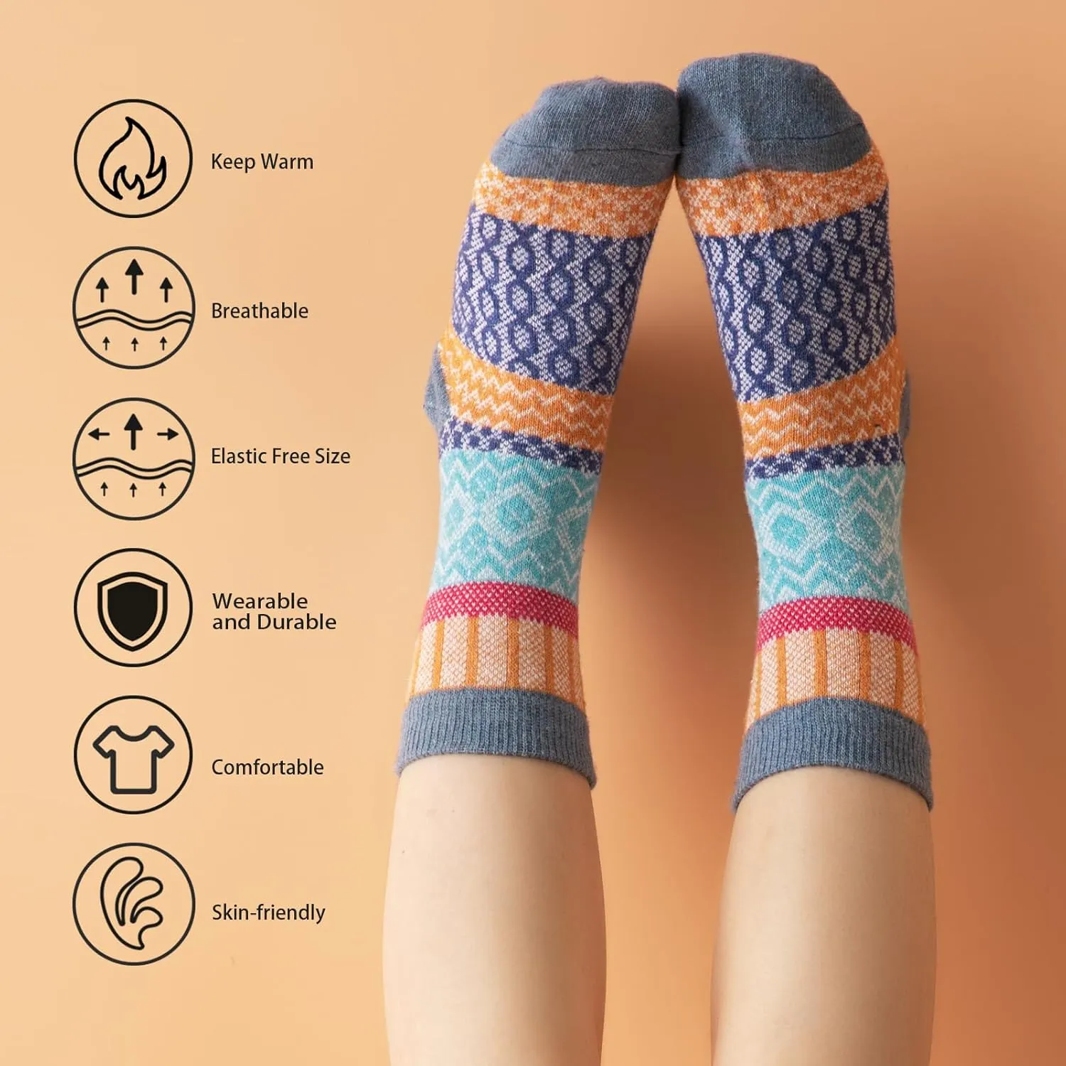 Tavaleu Wool Socks for Women - 5 Pairs Winter Warm Knit Soft Vintage Casual Crew Socks