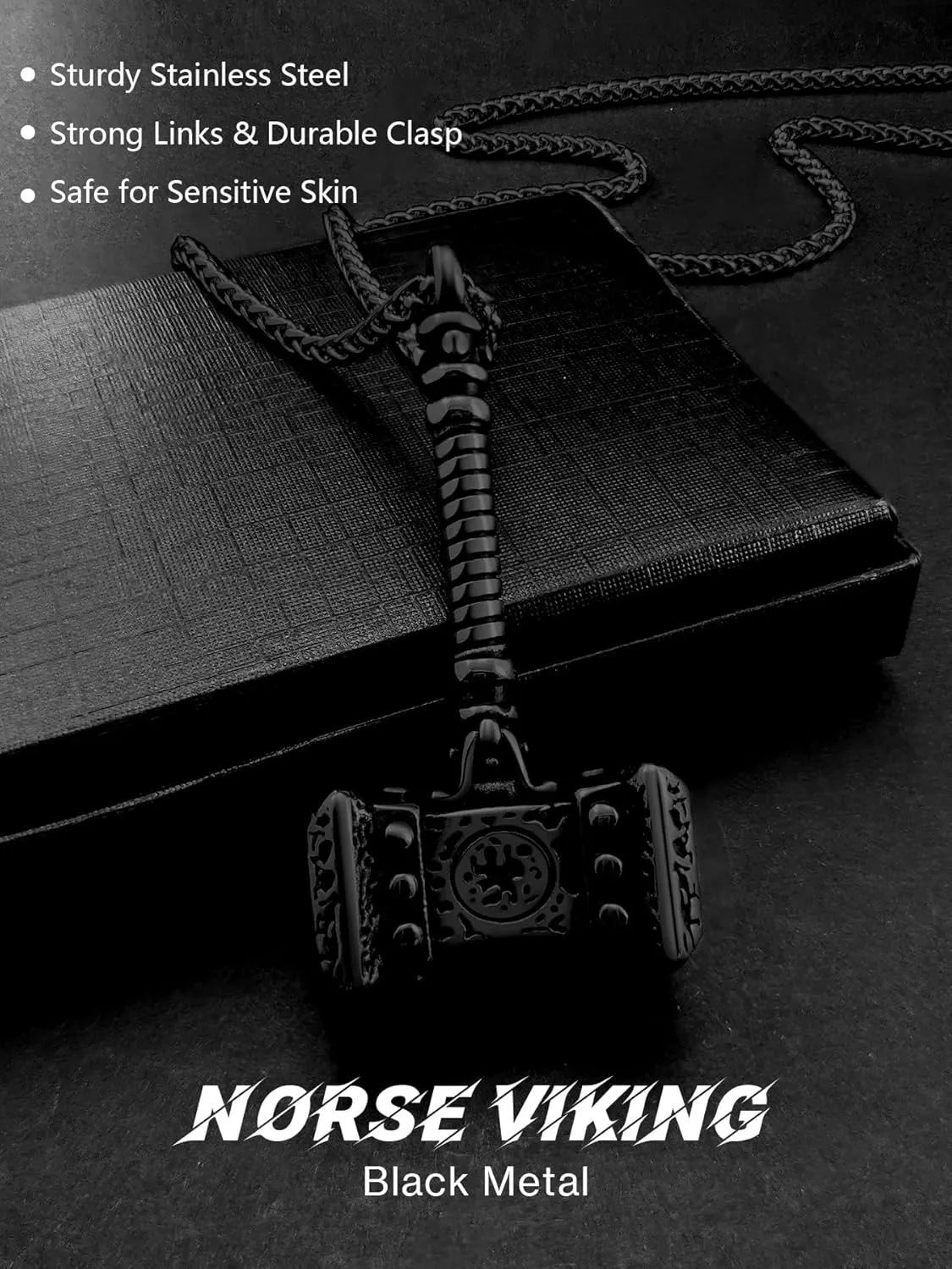 Thor Hammer Necklace for Men, 18K Gold/Black Stainless Steel Hammer Mjolnir Pendant Powerful Amulet Noridc Jewelry Gift for Viking Lover-Send Gift Box