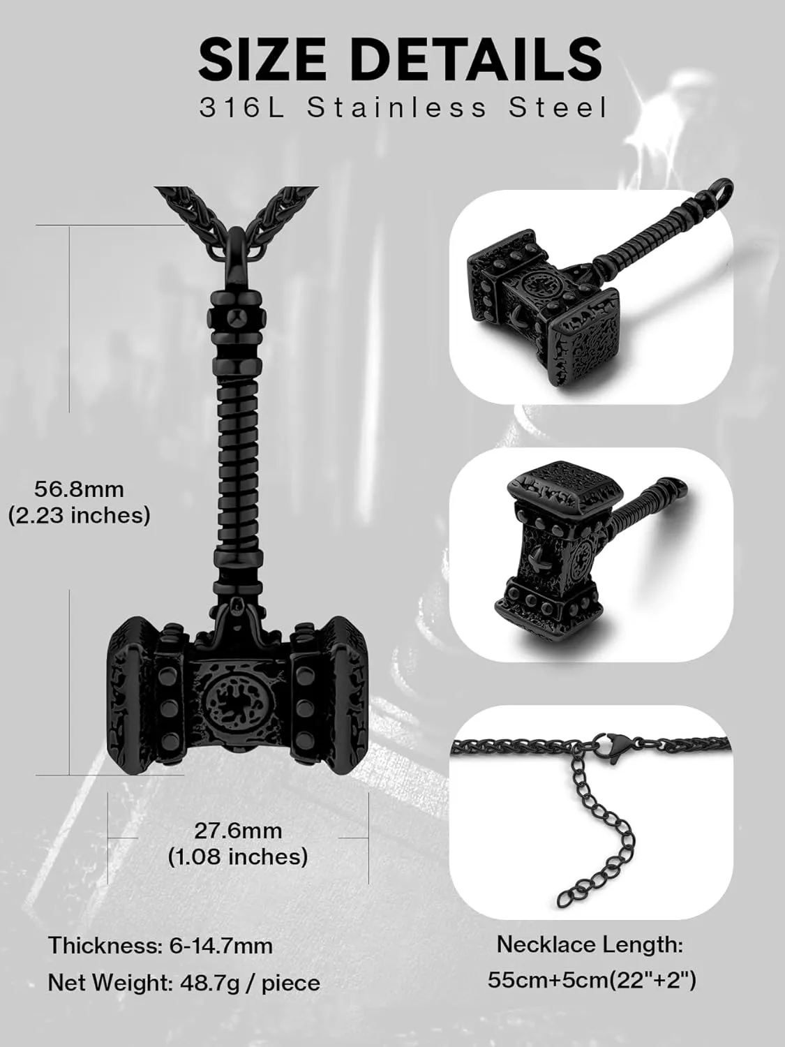 Thor Hammer Necklace for Men, 18K Gold/Black Stainless Steel Hammer Mjolnir Pendant Powerful Amulet Noridc Jewelry Gift for Viking Lover-Send Gift Box