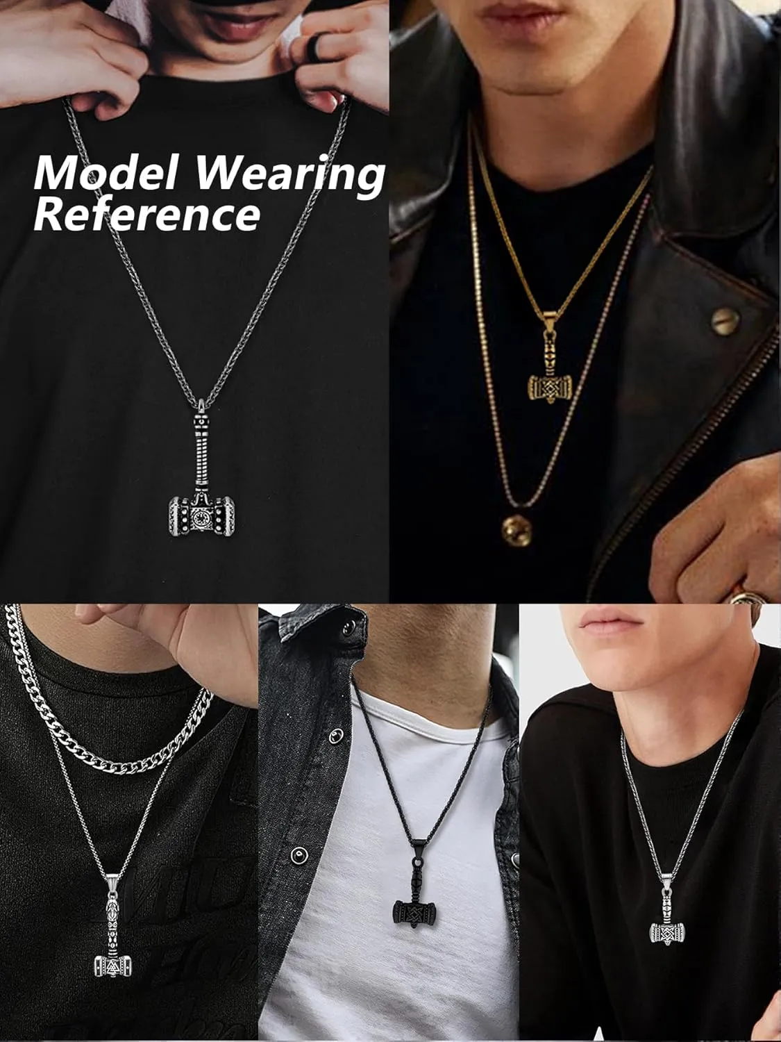 Thor Hammer Necklace for Men, 18K Gold/Black Stainless Steel Hammer Mjolnir Pendant Powerful Amulet Noridc Jewelry Gift for Viking Lover-Send Gift Box