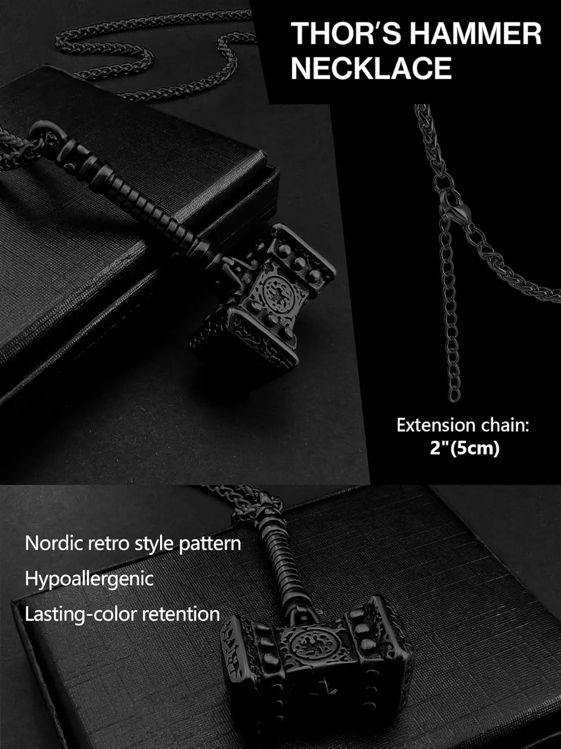 Thor Hammer Necklace for Men, 18K Gold/Black Stainless Steel Hammer Mjolnir Pendant Powerful Amulet Noridc Jewelry Gift for Viking Lover-Send Gift Box