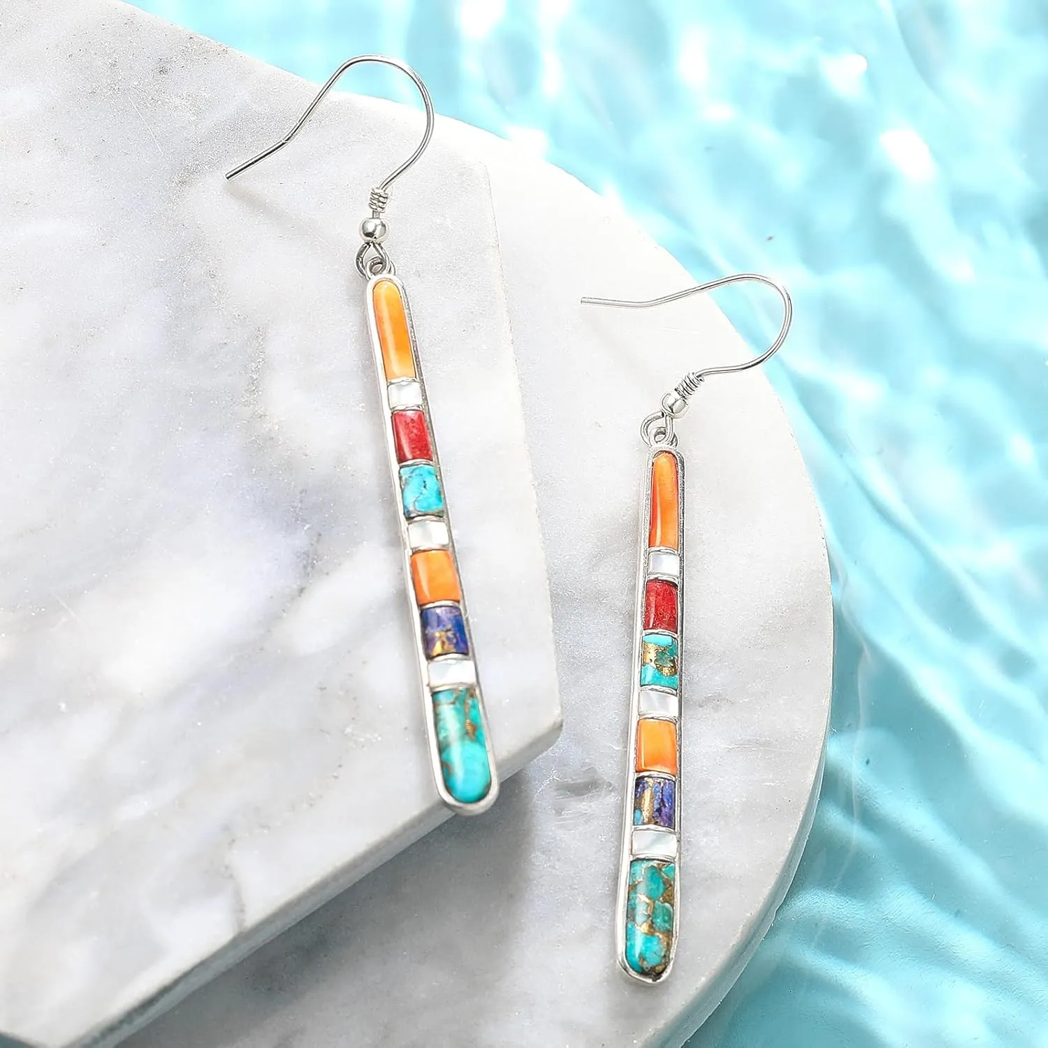 Turquoise Earrings for Women 925 Sterling Silver Gemstones Dangle Earrings Bohemian Style Statement Bar Earrings Dangle Earrings for Women Earrings Valentines Gifts