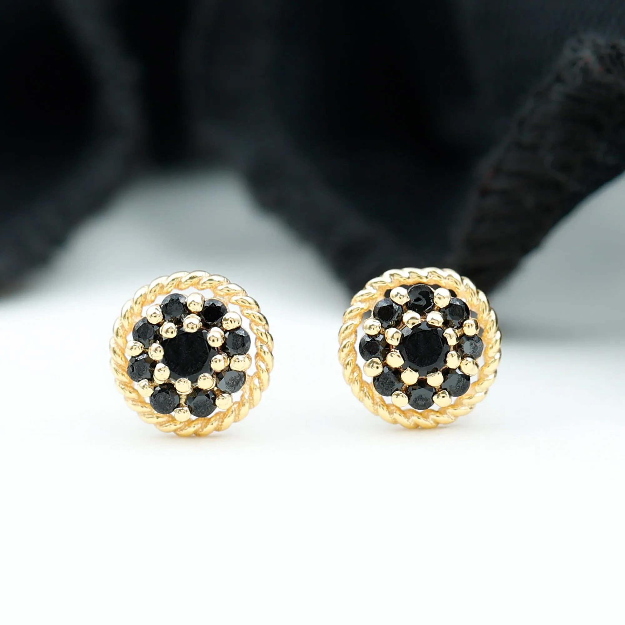 Twisted Rope Stud Earrings with Floral Black Spinel