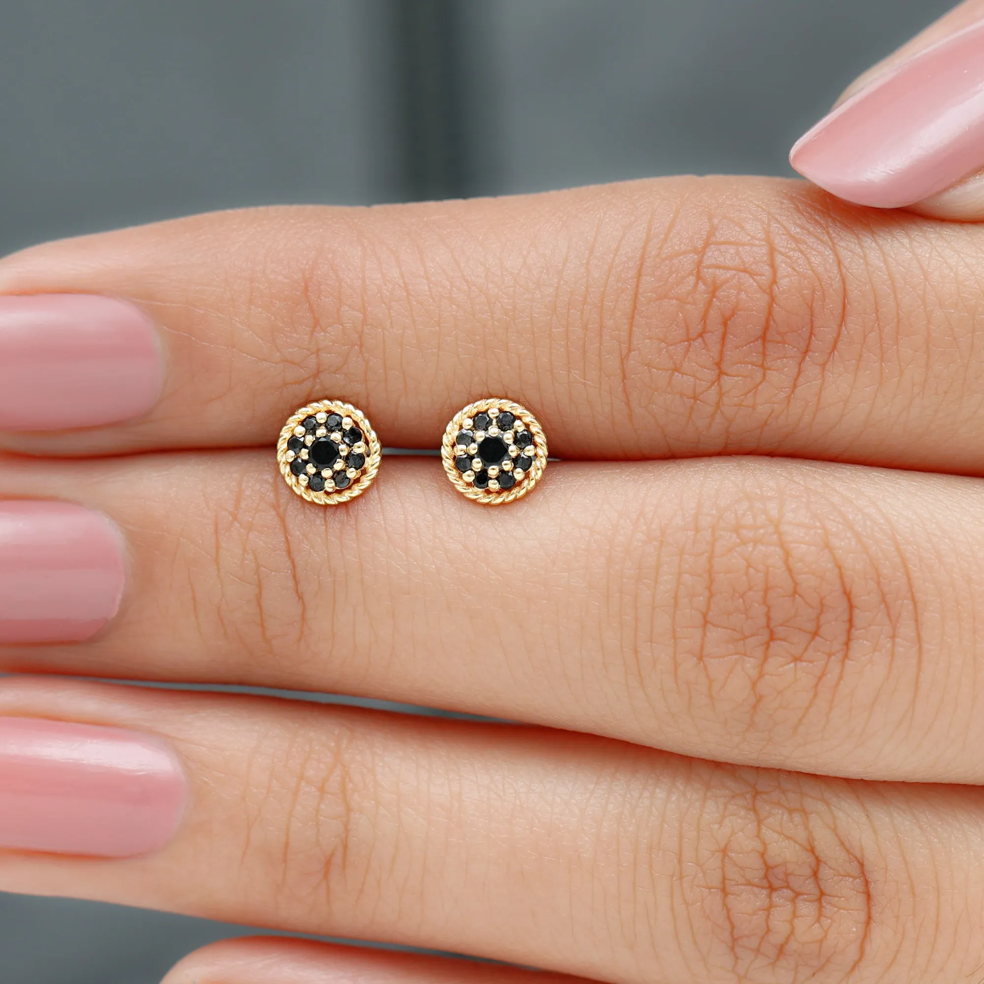 Twisted Rope Stud Earrings with Floral Black Spinel