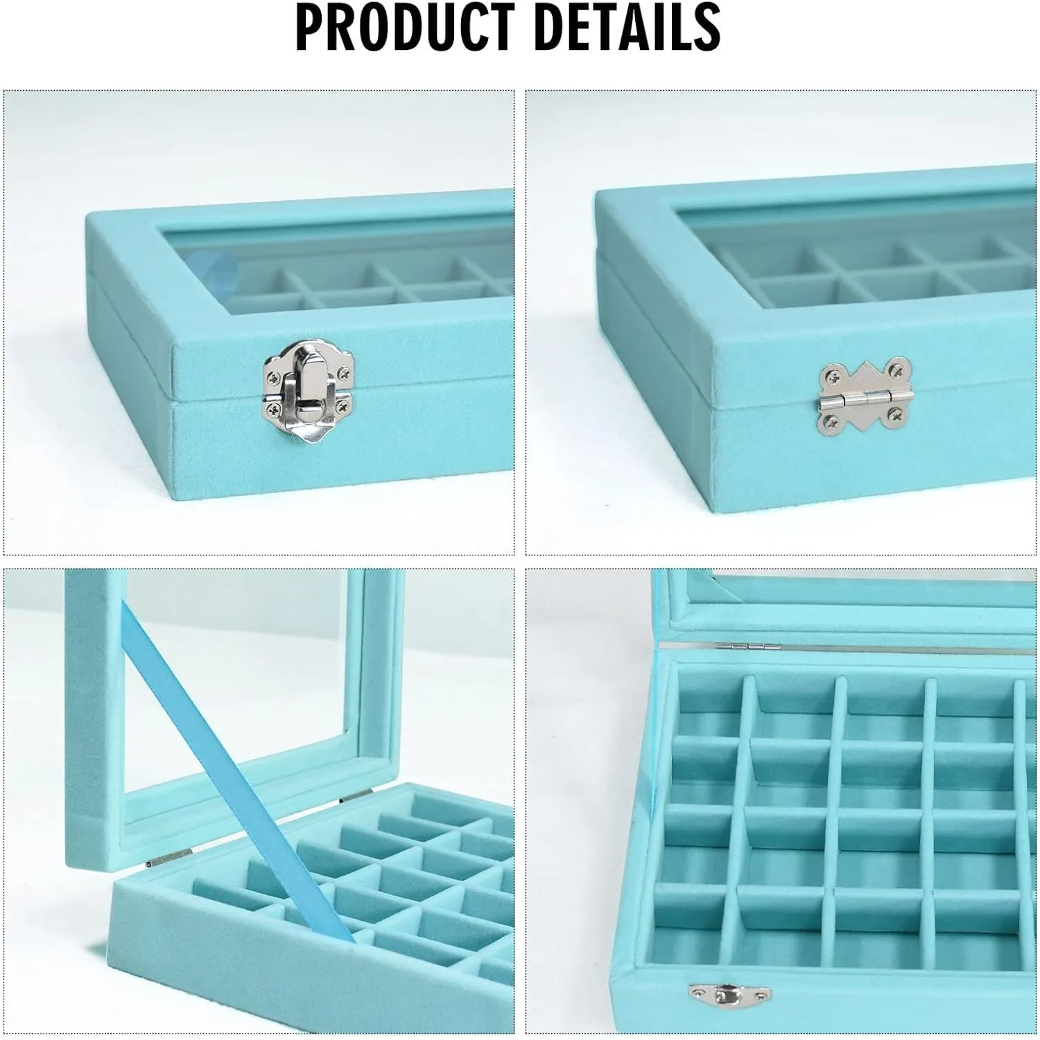Velvet Jewelry Box 24 Grid Jewelry Ring Display Organiser Box Tray Holder Earrings Storage Case for Girls Wife Mom Women (Light Blue)