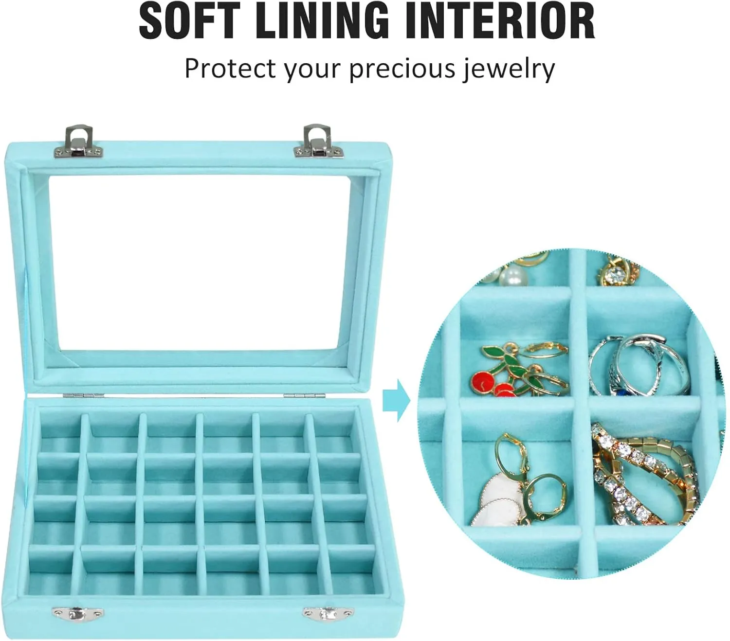 Velvet Jewelry Box 24 Grid Jewelry Ring Display Organiser Box Tray Holder Earrings Storage Case for Girls Wife Mom Women (Light Blue)