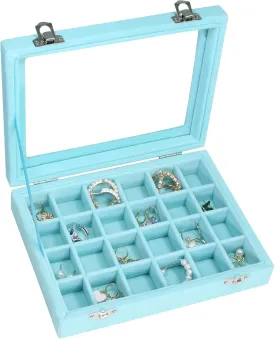 Velvet Jewelry Box 24 Grid Jewelry Ring Display Organiser Box Tray Holder Earrings Storage Case for Girls Wife Mom Women (Light Blue)