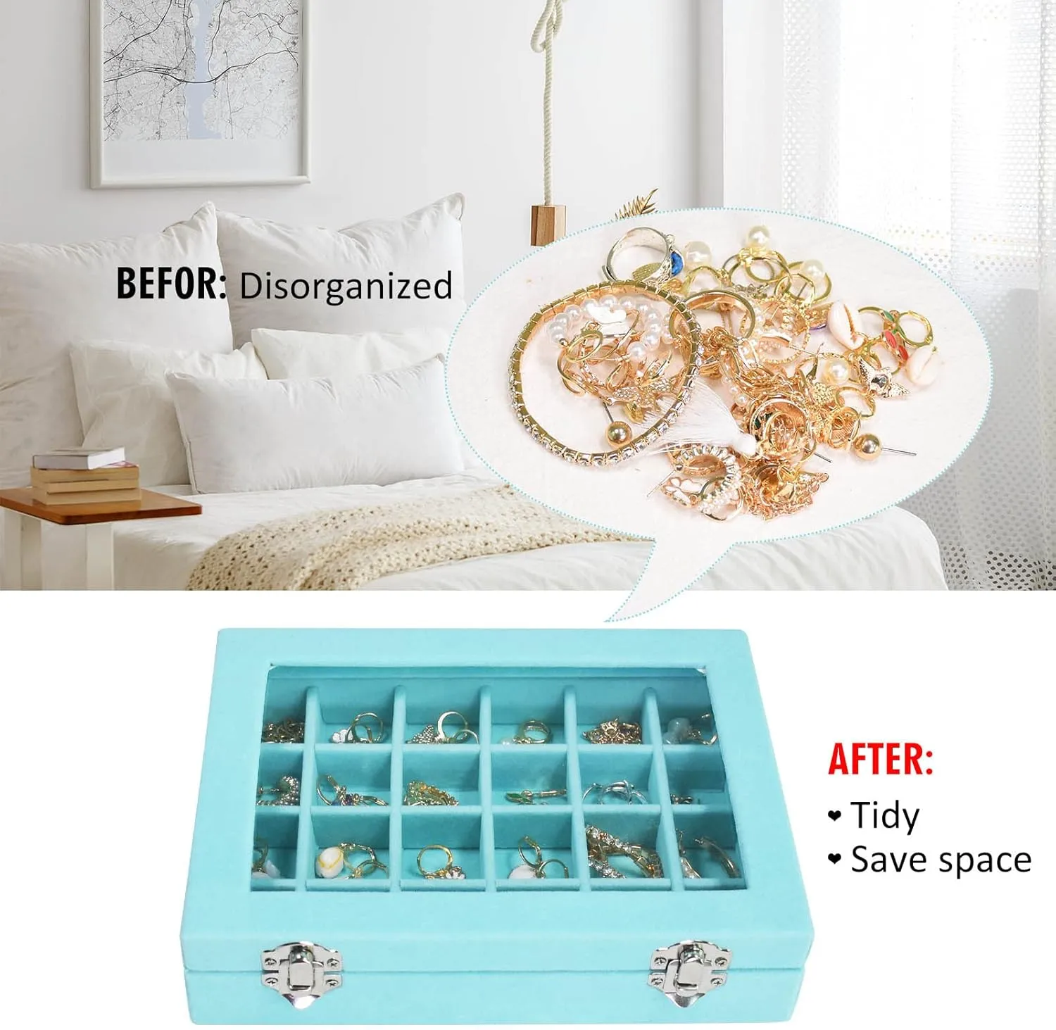Velvet Jewelry Box 24 Grid Jewelry Ring Display Organiser Box Tray Holder Earrings Storage Case for Girls Wife Mom Women (Light Blue)
