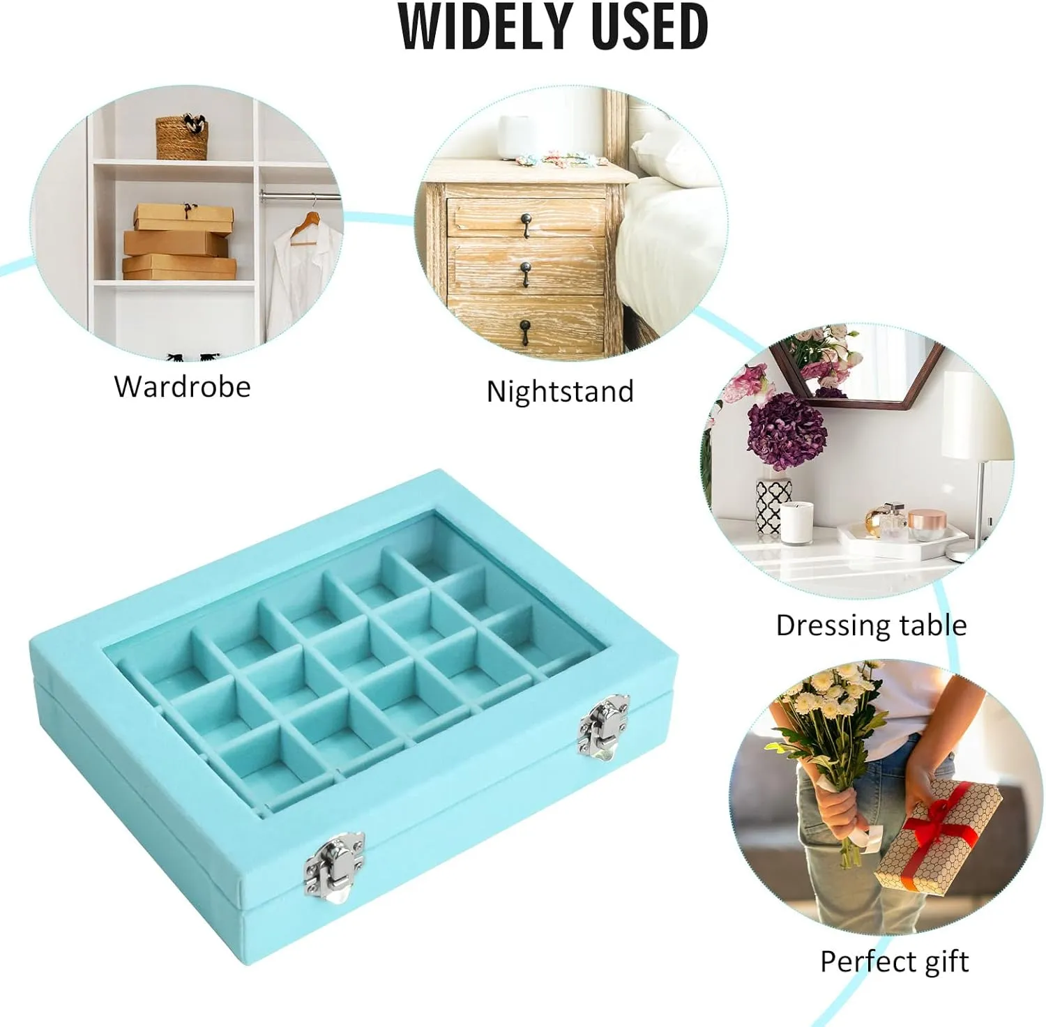 Velvet Jewelry Box 24 Grid Jewelry Ring Display Organiser Box Tray Holder Earrings Storage Case for Girls Wife Mom Women (Light Blue)