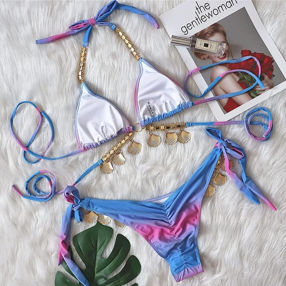 Women's Sexy Bathing Suits Gradient Color Halter Bikini Top Chain Tie Dye Two Piece Swimsuits with Shell Decoration