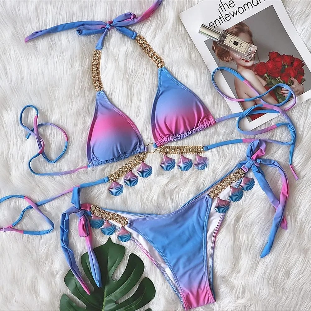 Women's Sexy Bathing Suits Gradient Color Halter Bikini Top Chain Tie Dye Two Piece Swimsuits with Shell Decoration